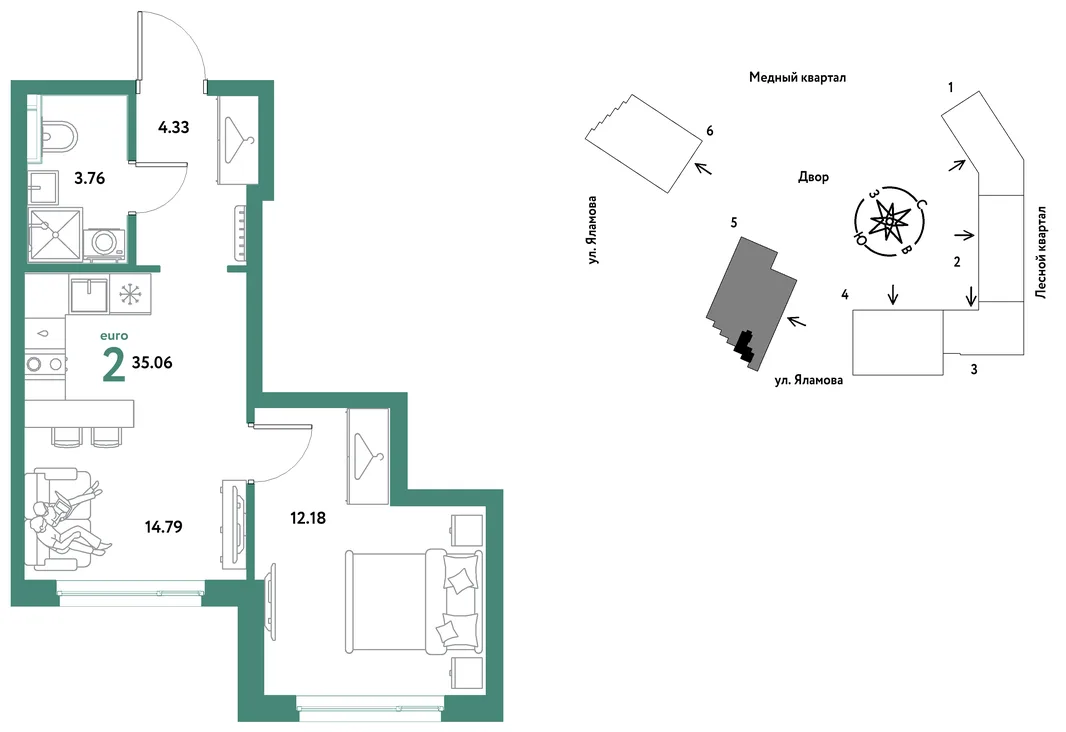 Планировка 2-комн. квартира, 35.06 м² ЖК «Сибирский сад»