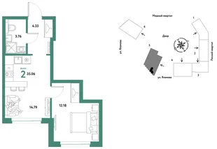 Планировка 2-комн. квартира, 35.06 м² ЖК «Сибирский сад»
