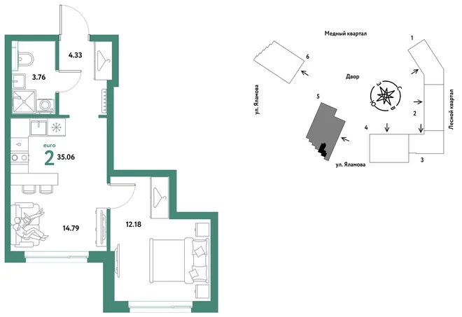 Планировка 2-комн. квартира, 35.06 м² ЖК «Сибирский сад» Планировка 2-комн. квартира, 35.06 м² ЖК «Сибирский сад»