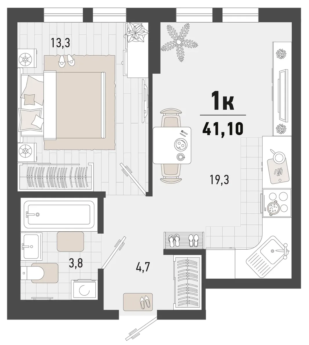 Планировка 1-комн. квартира, 41.1 м² ЖК «Барса»
