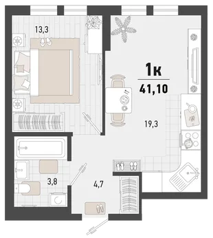 Планировка 1-комн. квартира, 41.1 м² ЖК «Барса»