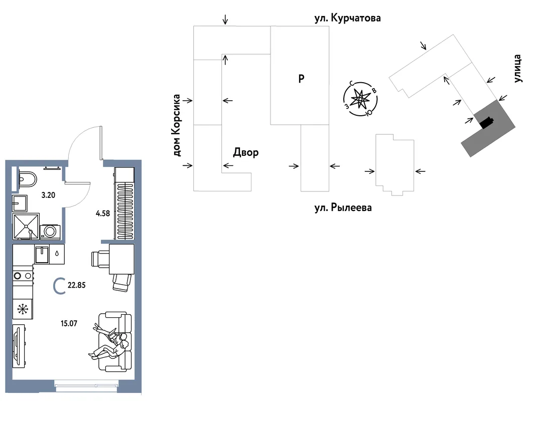 Планировка Студия, 23.03 м² ЖК «Остров-сад»