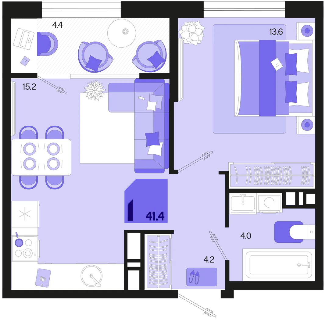 Планировка 1-комн. квартира, 41.4 м² ЖК «Первое место»