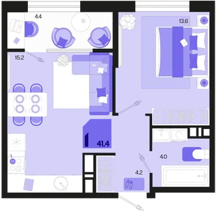 Планировка 1-комн. квартира, 41.4 м² ЖК «Первое место»