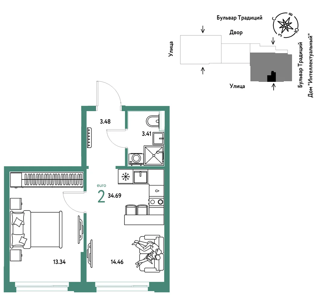 Планировка 2-комн. квартира, 34.69 м² ЖК «Микрорайон Домашний»