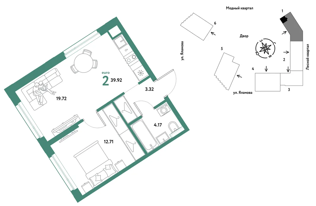 Планировка 2-комн. квартира, 39.92 м² ЖК «Сибирский сад»