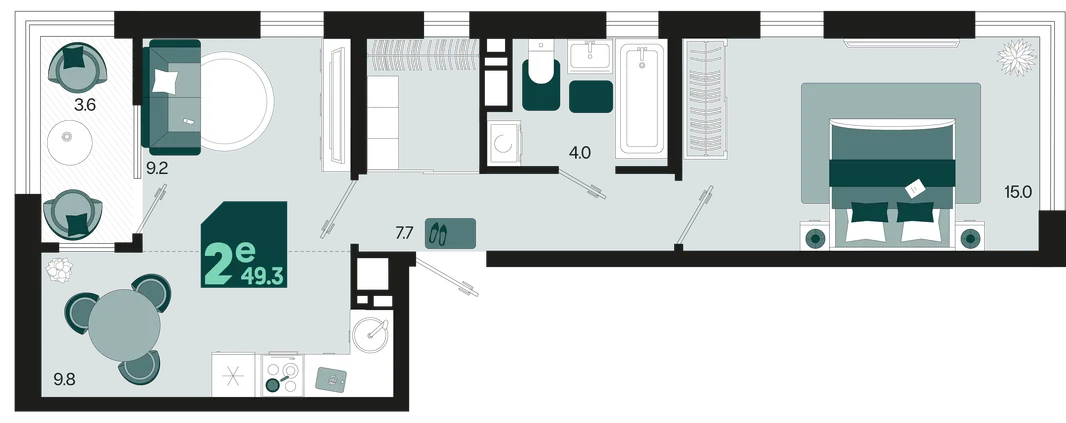 Планировка 2-комн. квартира, 49.3 м² ЖК «Первое место»