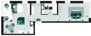 Планировка 2-комн. квартира, 49.3 м² ЖК «Первое место»