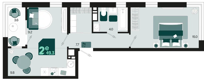 Планировка 2-комн. квартира, 49.3 м² ЖК «Первое место»