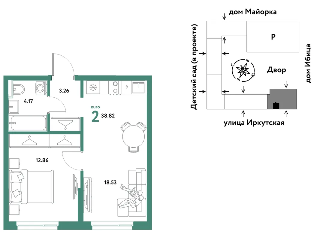 Планировка 2-комн. квартира, 38.82 м² ЖК «Остров-сад»