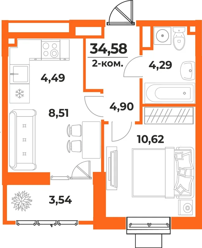Планировка 2-комн. квартира, 34.58 м² ЖК «Живописный сад» Планировка 2-комн. квартира, 34.58 м² ЖК «Живописный сад»