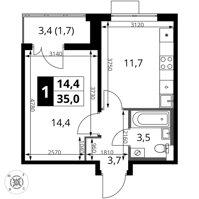 Планировка 1-комн. квартира, 35 м² ЖК «1-й Шереметьевский» Планировка 1-комн. квартира, 35 м² ЖК «1-й Шереметьевский»