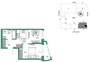 Планировка 2-комн. квартира, 35.96 м² ЖК «Остров-сад»