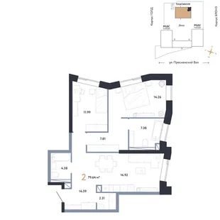 Планировка 2-комн. квартира, 79.64 м² ЖК «Репаблик»