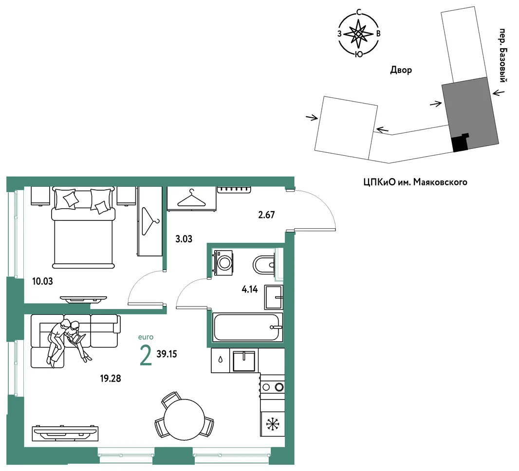 Планировка 2-комн. квартира, 39.15 м² ЖК «Сибирский сад»