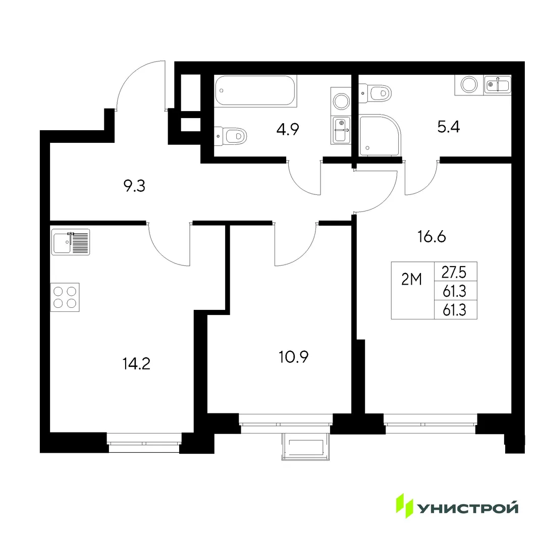 Планировка 2-комн. квартира, 61.3 м² ЖК «Стадиум»