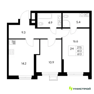 Планировка 2-комн. квартира, 61.3 м² ЖК «Стадиум»