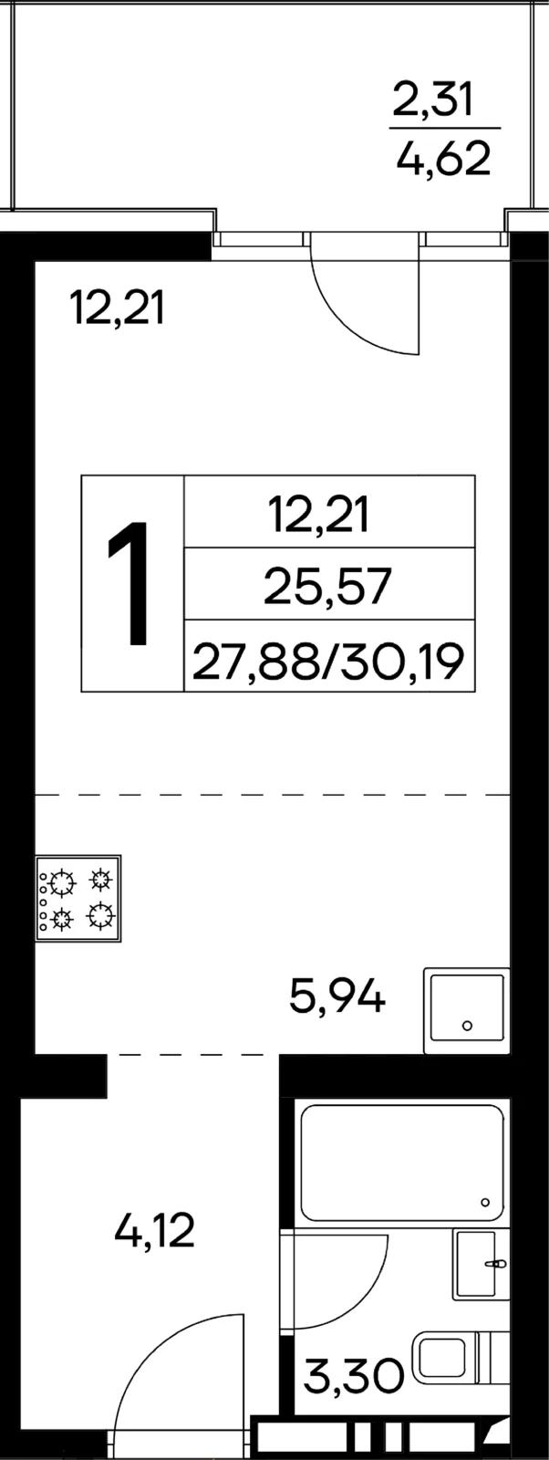 Планировка 1-комн. квартира, 30.19 м² ЖК «Лучистое»