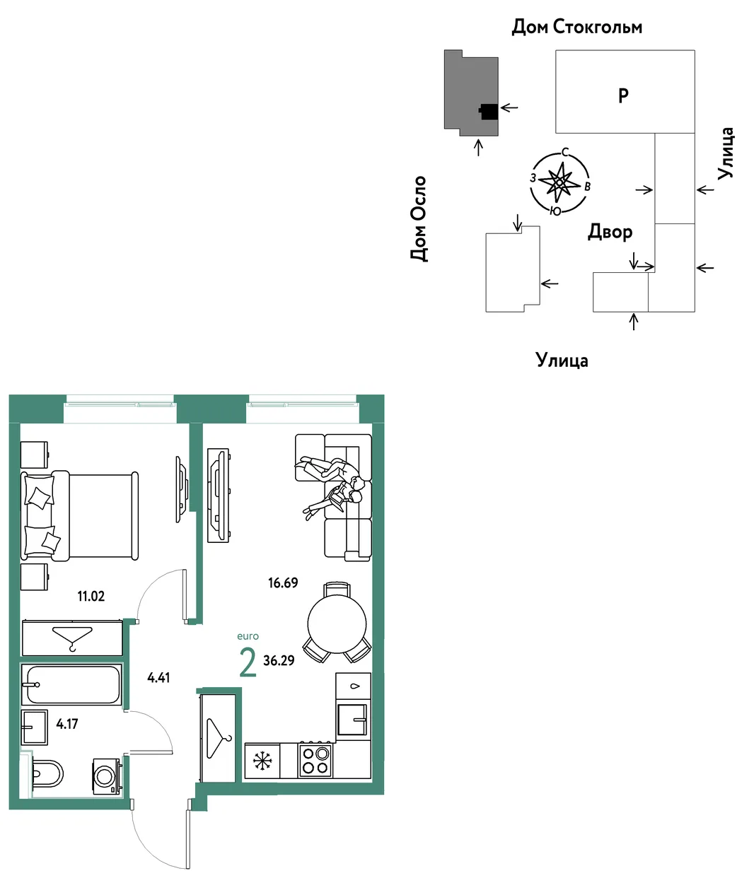 Планировка 2-комн. квартира, 36.29 м² ЖК «Европейский берег 2.0»