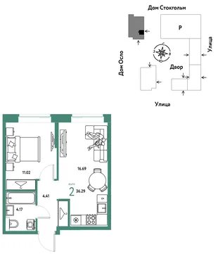 Планировка 2-комн. квартира, 36.29 м² ЖК «Европейский берег 2.0»