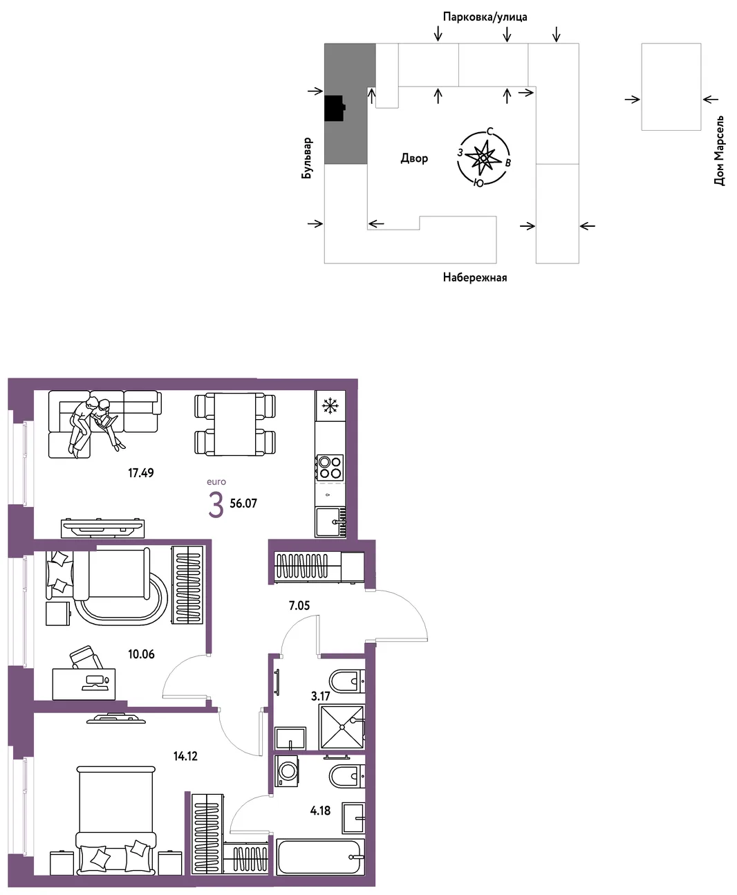 Планировка 3-комн. квартира, 56.07 м² ЖК «Европейский берег 2.0»