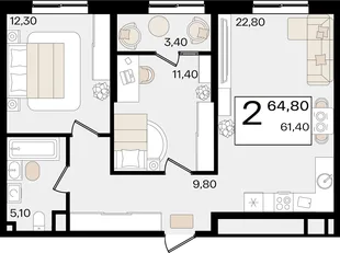 Планировка 2-комн. квартира, 64.8 м² ЖК «Патрики»