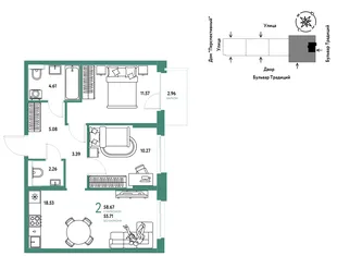 Планировка 2-комн. квартира, 58.67 м² ЖК «Микрорайон Домашний»