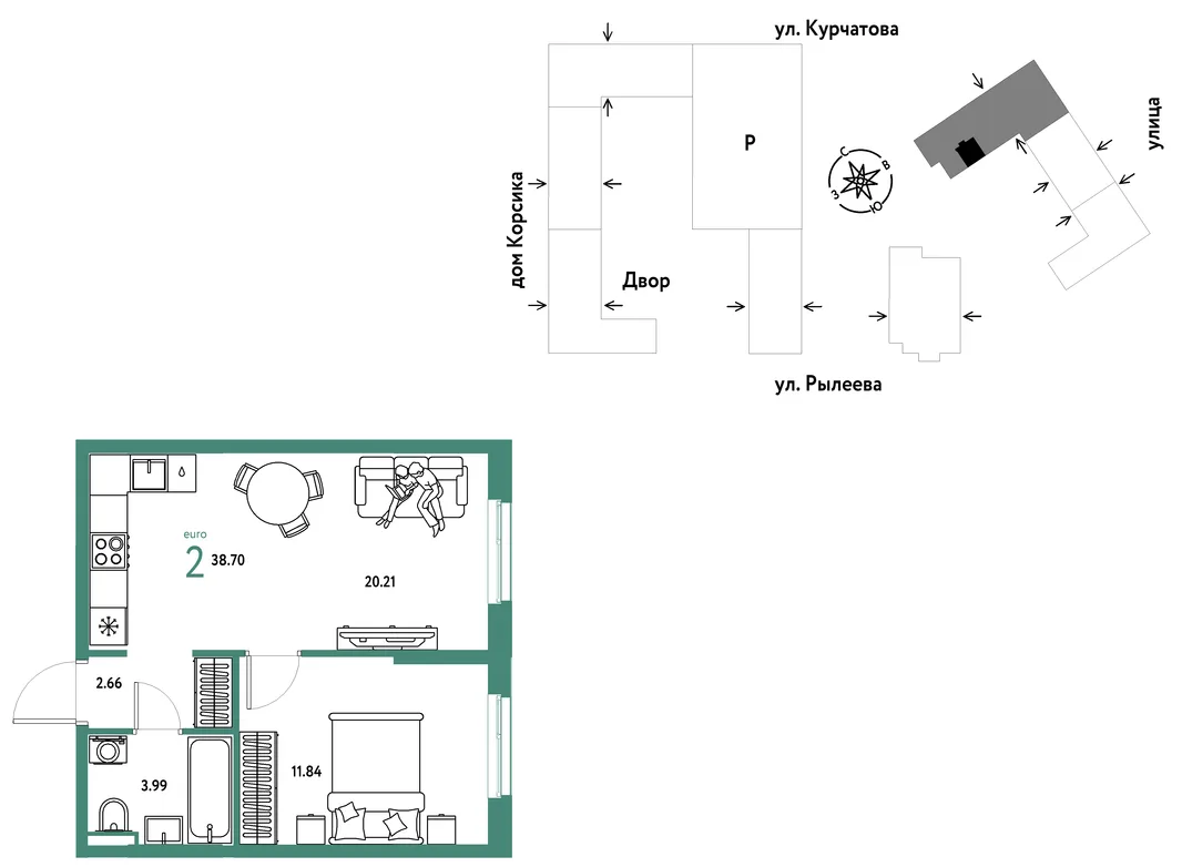 Планировка 2-комн. квартира, 38.88 м² ЖК «Остров-сад»