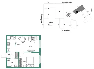 Планировка 2-комн. квартира, 38.88 м² ЖК «Остров-сад»