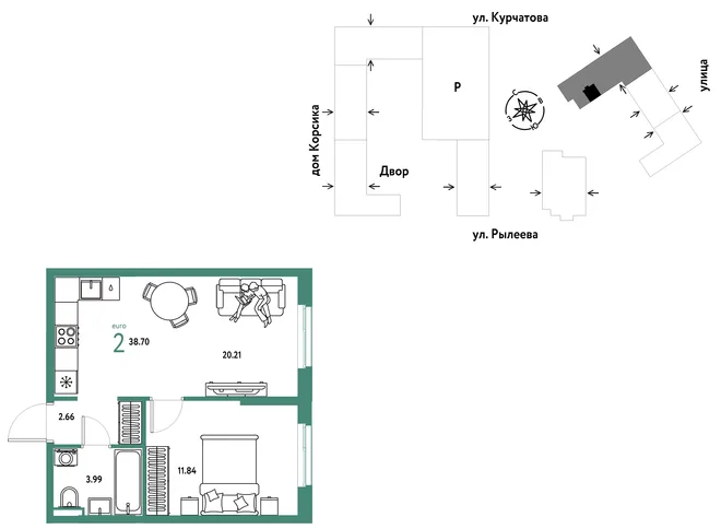 Планировка 2-комн. квартира, 38.88 м² ЖК «Остров-сад» Планировка 2-комн. квартира, 38.88 м² ЖК «Остров-сад»
