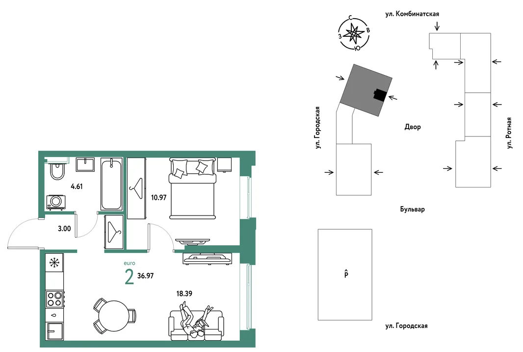 Планировка 2-комн. квартира, 36.97 м² ЖК «Уральский сад»