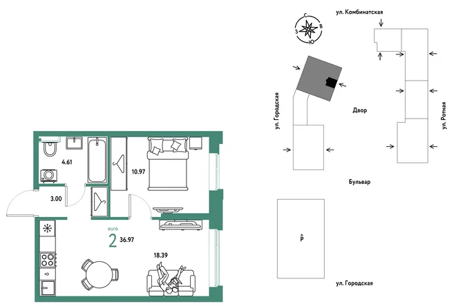 Планировка 2-комн. квартира, 36.97 м² ЖК «Уральский сад» Планировка 2-комн. квартира, 36.97 м² ЖК «Уральский сад»