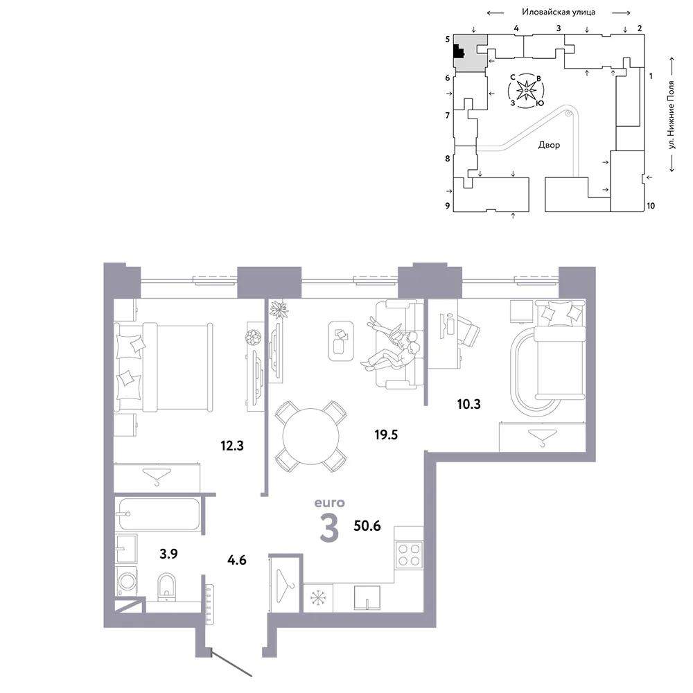 Планировка 3-комн. квартира, 50.6 м² ЖК «Страна.Заречная»