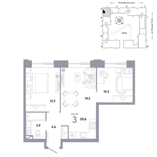 Планировка 3-комн. квартира, 50.6 м² ЖК «Страна.Заречная»