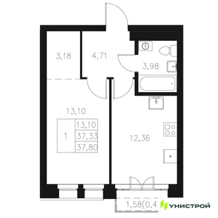 Планировка 1-комн. квартира, 37.8 м² ЖК «Statum»