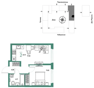 Планировка 2-комн. квартира, 37.71 м² ЖК «Европейский берег 2.0»