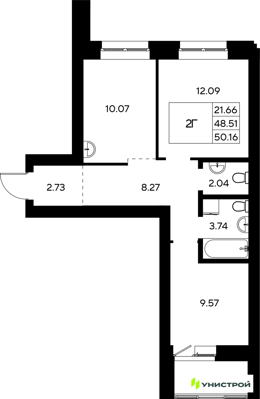 Планировка 2-комн. квартира, 50.16 м² ЖК «Царёво City»