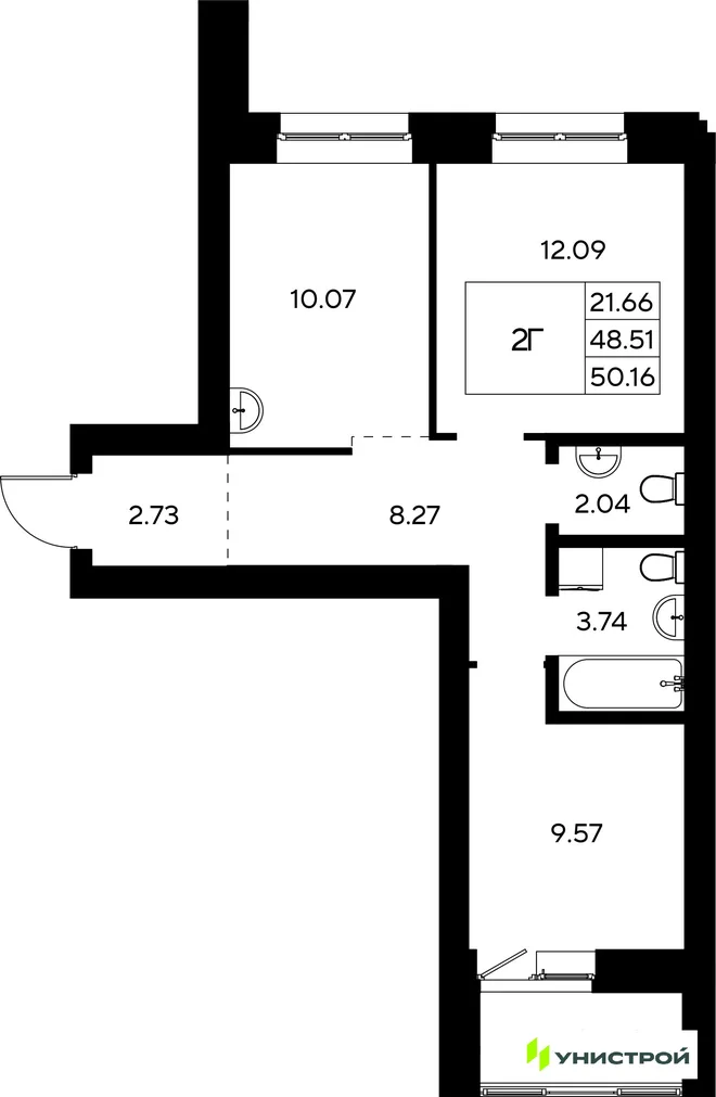 Планировка 2-комн. квартира, 50.16 м² ЖК «Царёво City»