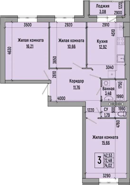 Планировка 3-комн. квартира, 74.02 м² ЖК «мкр. Долина»