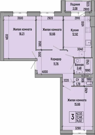 Планировка 3-комн. квартира, 74.02 м² ЖК «мкр. Долина»