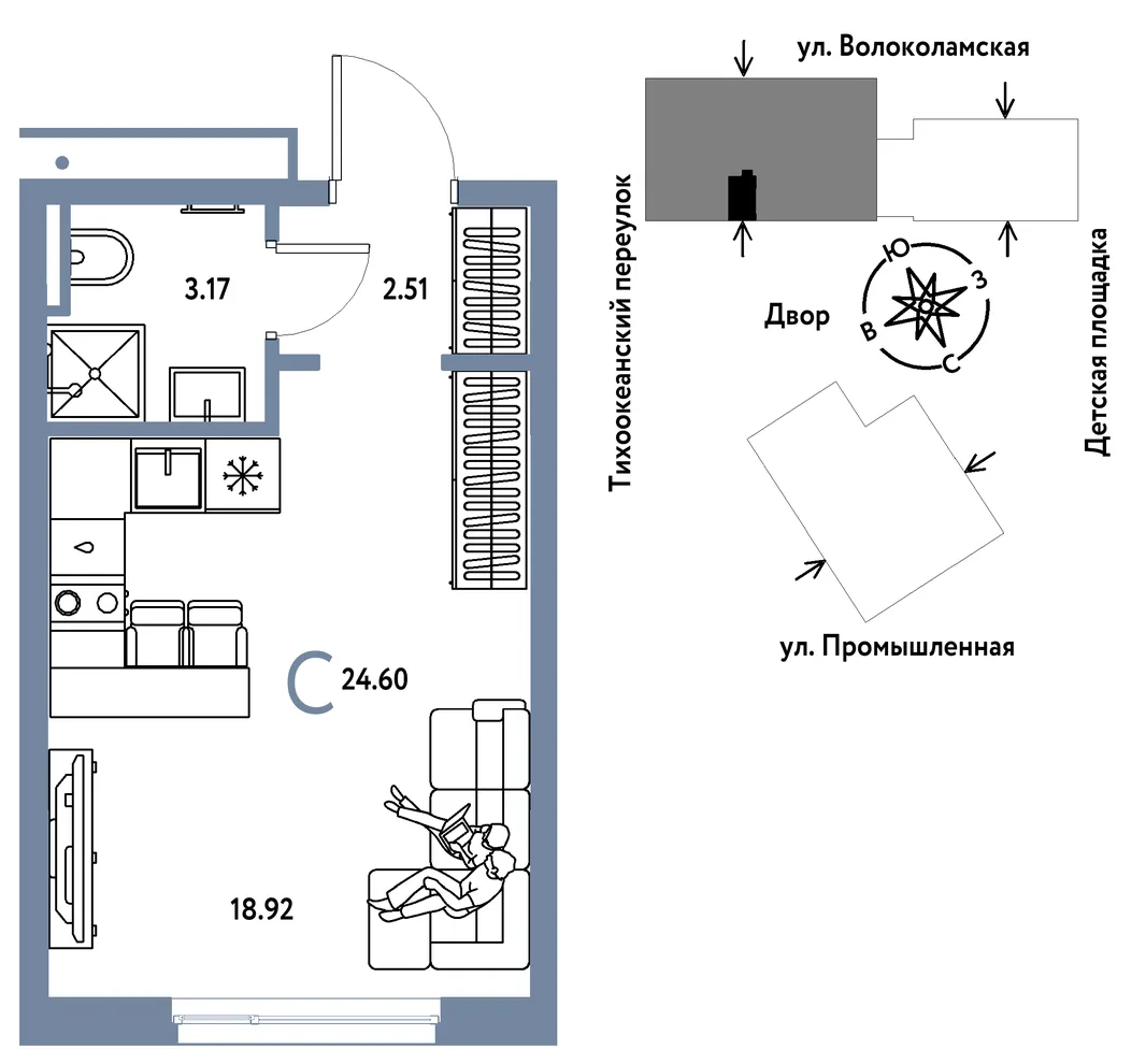 Планировка Студия, 24.6 м² ЖК «Страна Прибрежная»