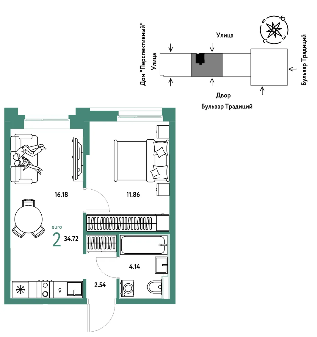 Планировка 2-комн. квартира, 34.72 м² ЖК «Микрорайон Домашний»