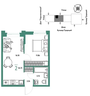 Планировка 2-комн. квартира, 34.72 м² ЖК «Микрорайон Домашний»