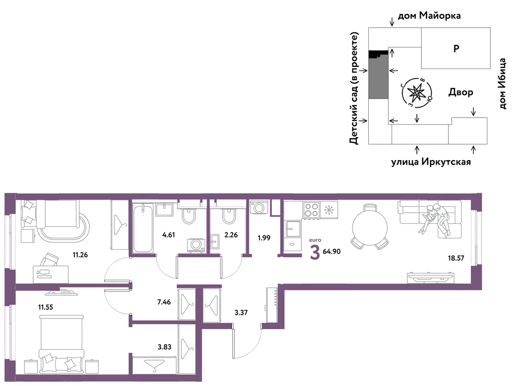 Планировка 3-комн. квартира, 64.9 м² ЖК «Остров-сад»