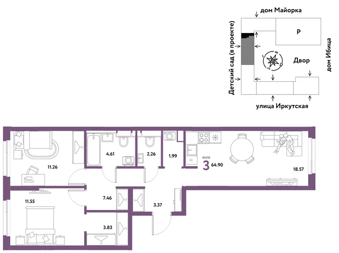 Планировка 3-комн. квартира, 64.9 м² ЖК «Остров-сад» Планировка 3-комн. квартира, 64.9 м² ЖК «Остров-сад»