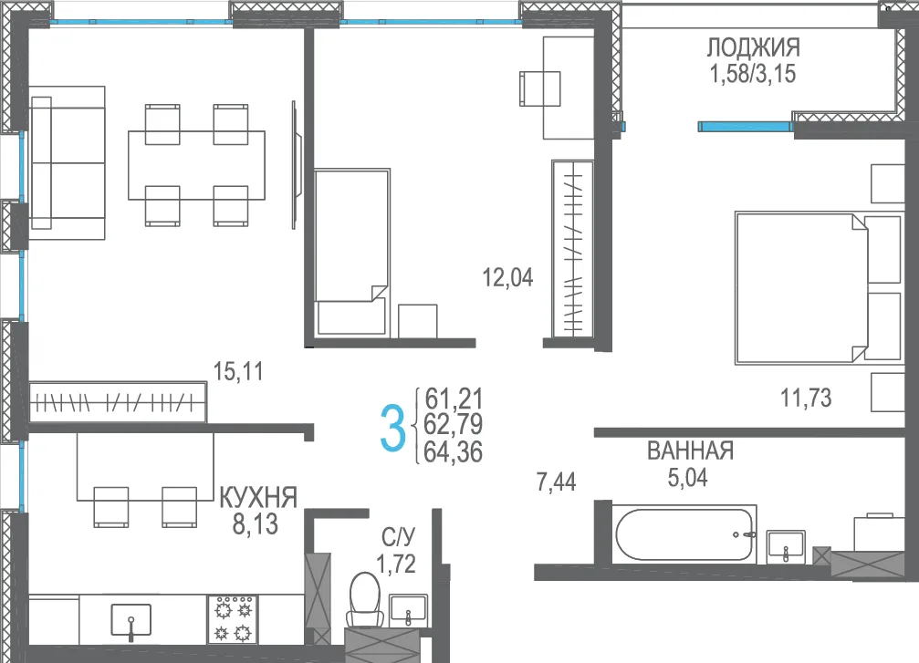 Планировка 3-комн. квартира, 64.36 м² ЖК «Розовое озеро»