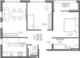 Планировка 3-комн. квартира, 64.36 м² ЖК «Розовое озеро»