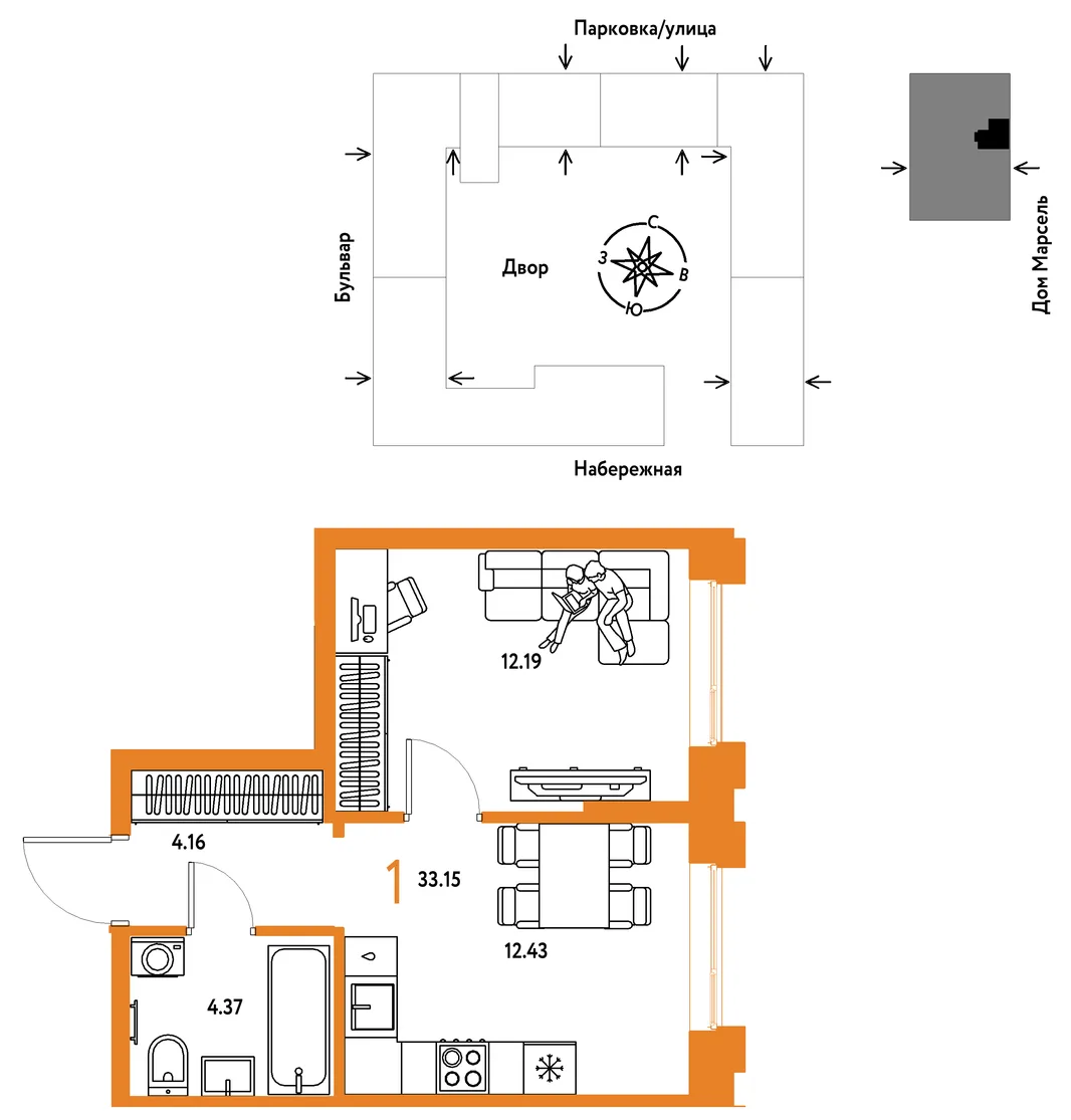 Планировка 1-комн. квартира, 33.15 м² ЖК «Европейский берег 2.0»