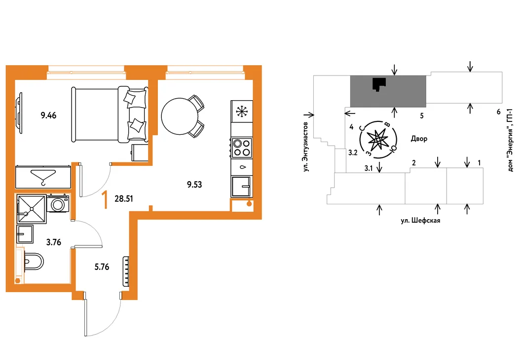 Планировка 1-комн. квартира, 28.51 м² ЖК «Страна.Энтузиастов»