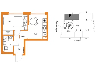 Планировка 1-комн. квартира, 28.51 м² ЖК «Страна.Энтузиастов»